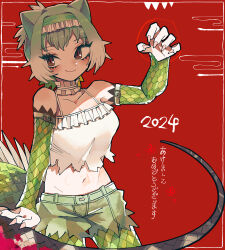 Rule 34 | 1girl, 2024, absurdres, animal print, arm belt, arm up, bare shoulders, belt, bike shorts, bike shorts under shorts, brown eyes, chinese water dragon (kemono friends), choker, closed mouth, cowboy shot, cutoffs, detached sleeves, fingernails, frilled choker, frilled hairband, frills, green belt, green hair, green shorts, green sleeves, hairband, highres, kanmoku-san, kemono friends, kemono friends 3, lizard tail, long tail, looking at viewer, medium hair, midriff, multicolored hair, navel, print shorts, print sleeves, scale print, sharp fingernails, short shorts, shorts, shorts under shorts, slit pupils, smile, solo, spaghetti strap, stomach, tail, torn clothes, white hair