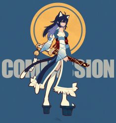 Rule 34 | 1girl, animal ears, blue background, blue eyes, blue hair, cat ears, commission, copyright request, detached sleeves, from behind, hair ornament, highres, holding, holding sword, holding weapon, long hair, long sleeves, looking at viewer, multiple tails, print sleeves, skeb commission, smile, solo, sword, syooooyoooo, tail, thighhighs, weapon, white thighhighs, x hair ornament