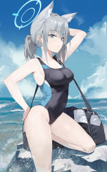 Rule 34 | 1girl, absurdres, animal ear fluff, animal ears, arm up, bag, bare arms, bare legs, bare shoulders, black one-piece swimsuit, blue archive, blue eyes, blue sky, breasts, cloud, collarbone, competition swimsuit, cross hair ornament, day, duffel bag, extra ears, grey hair, hair ornament, halo, hand on own hip, handbag, highres, medium breasts, mismatched pupils, ocean, one-piece swimsuit, outdoors, parted lips, rock, sadan1317, shiroko (blue archive), shiroko (swimsuit) (blue archive), shoulder bag, sky, solo, swimsuit, thighs, wading, water, wet