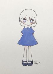 Rule 34 | 1girl, arms behind back, black footwear, blue dress, blue eyes, blush, bright pupils, dated, dress, full body, highres, no nose, original, shoes, short sleeves, signature, simple background, socks, solo, standing, white background, white pupils, white socks, zukky000