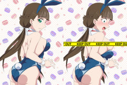 Rule 34 | 1girl, animal ears, areola slip, ass, back, bare shoulders, blue leotard, blush, breasts, brown hair, caution tape, censored, censored nipples, convenient censoring, covered navel, embarrassed, fake animal ears, green eyes, keep out, leotard, long hair, looking at viewer, love live!, love live! superstar!!, medium breasts, mr50iso, patterned background, playboy bunny, rabbit ears, rabbit tail, sakurakoji kinako, sideboob, solo, standing, tape censor, twintails, wardrobe malfunction