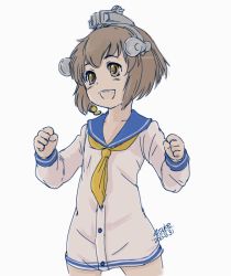 Rule 34 | 10s, 1girl, 2015, 4suke, :d, artist name, brown eyes, brown hair, buttons, collarbone, cowboy shot, dated, dress, headgear, kantai collection, long sleeves, open mouth, sailor dress, short dress, short hair, silver background, simple background, smile, solo, white dress, yukikaze (kancolle)