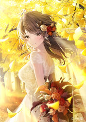 Rule 34 | 1girl, arms behind back, autumn, bare arms, bouquet, breasts, brown eyes, brown hair, commentary, copyright name, copyright notice, cross-laced clothes, cross-laced dress, day, dress, earrings, falling leaves, floating hair, floral print, flower, forest, from side, ginkgo leaf, ginkgo tree, gold earrings, hair flower, hair ornament, holding, holding bouquet, jewelry, kagachi saku, lace, lace dress, leaf, long hair, looking back, looking to the side, medium breasts, nature, official art, outdoors, parted lips, red flower, red rose, rose, short sleeves, smile, solo, swept bangs, toracon, tree, upper body, wedding dress, yellow flower, yellow leaves, yellow rose