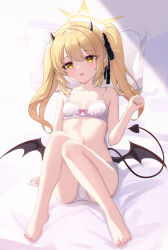 Rule 34 | 1girl, absurdres, ass, barefoot, bed sheet, black horns, black tail, black wings, blonde hair, blue archive, blush, bra, collarbone, commentary, demon horns, demon tail, demon wings, full body, halo, highres, horns, ibuki (blue archive), knees together feet apart, long hair, open mouth, panties, pillow, pointy ears, sitting, solo, tail, toes, twintails, underwear, underwear only, usagi (786113654), white bra, white panties, wings, yellow eyes, yellow halo