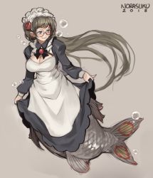 Rule 34 | 1girl, apron, black hair, blue eyes, blush, breasts, bubble, cleavage, cleavage cutout, clothing cutout, commentary, curtsey, english commentary, fins, fish tail, glasses, highres, large breasts, long hair, maid, maid headdress, mermaid, monster girl, norasuko, original, pun, round eyewear, scales, solo, tail, underwater