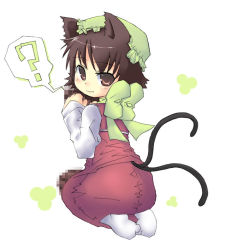 Rule 34 | 1girl, animal ears, cat ears, cat girl, cat tail, censored, chen, female focus, hebereke black, mosaic censoring, multiple tails, simple background, solo, tabi, tail, touhou, two tails, white background, white legwear
