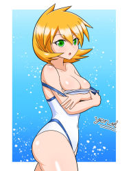 Rule 34 | ass, blue background, breasts, cleavage, clothes pull, cowboy shot, creatures (company), deviantart, from side, game freak, gradient background, green eyes, light brown hair, misty (pokemon), nintendo, one-piece swimsuit, one-piece swimsuit pull, orange hair, outside border, parted bangs, pokemon, pokemon hgss, pulling own clothes, short hair, simple background, solo, standing, surprised, swimsuit, thighs, white one-piece swimsuit, yensh