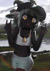 Rule 34 | 1girl, :3, absurdres, animal ears, aqua hair, artist name, backlighting, bell, black hat, female focus, flat chest, furry, furry female, goat ears, goat girl, goat horns, goat tail, grey hair, hat, highres, horns, inoue kuto, jewelry, m/, mountain, multicolored hair, navel, necklace, open mouth, original, outdoors, shorts, snow, solo, streaked hair, white shorts, yellow eyes
