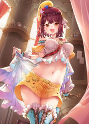 Rule 34 | 1girl, alt (ctrldel), atelier (series), atelier sophie, bare shoulders, beret, blunt bangs, blush, breasts, brown eyes, clothes lift, commentary request, curtains, gloves, hair between eyes, hair ribbon, hat, highres, indoors, looking at viewer, medium breasts, midriff, navel, off-shoulder shirt, off shoulder, open mouth, red hair, ribbon, shirt, shirt lift, short hair, short shorts, shorts, smile, solo, sophie neuenmuller, thighhighs, white shirt, yellow hat, yellow shorts