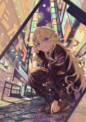 Rule 34 | 1girl, aerial fireworks, atatatatame01, black jacket, black pants, blonde hair, blue eyes, blush, cellphone photo, fireworks, full moon, glass wall, grin, hair flaps, hair ornament, hairclip, hand on own cheek, hand on own face, highres, jacket, long hair, looking at viewer, moon, night, nijisanji, open clothes, open jacket, outdoors, pants, poking, puddle, railing, ripples, road, shoes, shopping district, sign, smile, sneakers, solo, squatting, storefront, street, swept bangs, todo kohaku, too many, track pants, virtual youtuber