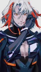 Rule 34 | 1boy, absurdres, armor, black armor, black cape, blood, blood on face, body armor, cape, cleavage cutout, close-up, closed mouth, clothing cutout, expressionless, fate/grand order, fate (series), gloves, highres, huge filesize, long sleeves, looking at viewer, male focus, multicolored hair, odysseus (fate), pectoral cleavage, pectorals, qmiqun, red hair, solo, streaked hair, two-tone hair, white background, white hair, wiping mouth, yellow eyes