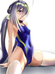 Rule 34 | 1girl, absurdres, ahoge, alternate costume, blue one-piece swimsuit, commentary request, competition swimsuit, covered navel, derivative work, eureka (eureka-0075), flat chest, grey eyes, grey hair, hair between eyes, hair bun, highres, kantai collection, kiyoshimo (kancolle), long hair, looking at viewer, low twintails, multicolored hair, one-piece swimsuit, profile, simple background, single hair bun, smile, solo, swimsuit, thighhighs, twintails, white background, white thighhighs