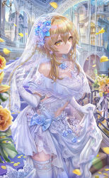 Rule 34 | 1girl, alternate costume, beads, blonde hair, blue flower, breasts, bridal veil, closed mouth, clothing cutout, dress, elbow gloves, falling petals, flower, garter straps, genshin impact, gloves, hair flower, hair ornament, halterneck, highres, long dress, looking at viewer, lumine (genshin impact), navel, navel cutout, off-shoulder dress, off shoulder, petals, revision, rose, rose petals, short hair with long locks, sidelocks, skindentation, solo, stairs, thighhighs, torino aqua, veil, water, waterfall, wedding dress, white dress, white flower, white gloves, white rose, white thighhighs, yellow eyes, yellow flower, yellow rose