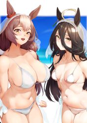 Rule 34 | 2girls, ahoge, animal ears, arms at sides, arms behind back, bikini, black hair, blue sky, blurry, blurry background, blush, breasts, brown eyes, brown hair, cleavage, clenched hands, closed mouth, cloud, collarbone, commission, covered erect nipples, day, effort star, hair between eyes, hair ribbon, highres, horse ears, horse girl, horse tail, large breasts, long hair, manhattan cafe (umamusume), multicolored hair, multiple girls, navel, ocean, open mouth, outdoors, ribbon, sarong, see-through sarong, simple background, sky, small breasts, smile, standing, stomach, swimsuit, tail, teeth, two-tone hair, umamusume, underboob, upper teeth only, veil, very long hair, white background, white bikini, white hair, yamanin zephyr (umamusume), yellow eyes