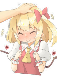 Rule 34 | 1girl, :&gt;, ^ ^, arnest, ascot, blonde hair, blush, bow, clenched hands, closed eyes, closed mouth, collared shirt, commentary request, fang, flandre scarlet, frilled shirt collar, frills, full-face blush, hair bow, hand on another&#039;s head, hands up, headpat, heart, highres, medium hair, no headwear, one side up, pointy ears, puffy short sleeves, puffy sleeves, red bow, red vest, shirt, short sleeves, sidelocks, simple background, skin fang, solo, touhou, upper body, vest, white background, white shirt, wings, wrist cuffs, yellow ascot