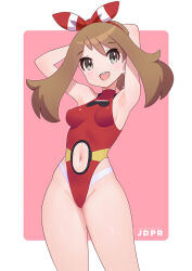 Rule 34 | 1girl, :d, adapted costume, armpits, arms behind head, border, bow hairband, breasts, brown hair, clothing cutout, cowboy shot, creatures (company), game freak, grey eyes, hairband, happy, highleg, highleg swimsuit, jdpr, long hair, may (pokemon), medium breasts, mixed-language commentary, navel, navel cutout, nintendo, one-piece swimsuit, open mouth, pink background, pokemon, pokemon oras, presenting armpit, red hairband, red one-piece swimsuit, smile, solo, swimsuit, teeth, tongue, upper teeth only, watermark, web address, white border