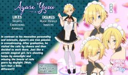 Rule 34 | 1boy, :d, ayase yuzu, bare shoulders, blonde hair, character age, character name, character sheet, cleavage cutout, clothing cutout, commentary, copyright name, english commentary, english text, fang, fang out, full body, girls! girls! girls!?, green eyes, hair between eyes, looking at viewer, maid, maid headdress, male focus, multiple views, official art, open mouth, pectoral cleavage, pectorals, short hair, skirt, smile, standing, thighhighs, trap