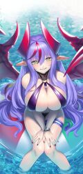 Rule 34 | 1girl, absurdres, alternate costume, arms under breasts, artist request, bare legs, bare shoulders, breasts, breasts squeezed together, curvy, demon girl, demon wings, highres, horns, huge breasts, lilim (awoken), lilith-soft, long hair, looking at viewer, nail polish, official alternate costume, official art, shiny skin, sitting, slingshot swimsuit, smile, swimsuit, taimanin (series), taimanin rpgx, very long hair, water, wide hips, wings