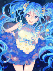 Rule 34 | 1girl, 43 pon, alternate costume, blue eyes, blue hair, breasts, commentary, dress, frilled dress, frills, hair ornament, hatsune miku, highres, holding, holding clothes, long hair, medium breasts, night, night sky, open mouth, skirt hold, sky, smile, solo, star (sky), star (symbol), star hair ornament, starry sky, twintails, vocaloid, white dress
