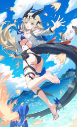 1girl arknights barefoot beach blonde_hair feet highres light_blush long_hair looking_at_viewer open_mouth reed_(arknights) reed_the_flame_shadow_(arknights) shoes soles tail toes unworn_shoes yellow_eyes zayur