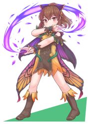 Rule 34 | 1girl, bare shoulders, blush, boots, bow, brown eyes, brown footwear, brown hair, butterfly wings, delthea (fire emblem), dress, fake wings, fire emblem, fire emblem echoes: shadows of valentia, fire emblem heroes, hair bow, highres, insect wings, kutabireta neko, nintendo, ponytail, short dress, simple background, smile, solo, white background, wings