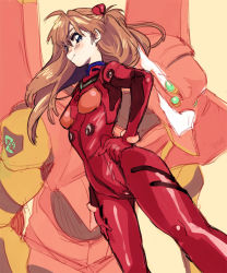 1girl amezawa_koma blue_eyes bodysuit brown_hair curvy dutch_angle eva_02 female_focus hair_ornament hand_on_own_hip mecha mecha_pilot_suit neon_genesis_evangelion plugsuit profile robot sketch smile solo souryuu_asuka_langley wide_hips