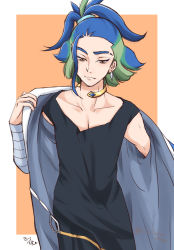 Rule 34 | 1boy, adaman (pokemon), black robe, blue hair, border, brown eyes, closed mouth, coat, collar, collarbone, commentary request, creatures (company), earrings, eyebrow cut, frown, game freak, green hair, half-closed eyes, hand up, highres, jewelry, kiiro tane, looking down, male focus, multicolored hair, neck ring, nintendo, off shoulder, open clothes, open coat, orange background, outside border, pectoral cleavage, pectorals, pokemon, pokemon legends: arceus, robe, solo, twitter username, white border