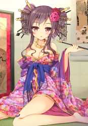 Rule 34 | 1girl, :o, bad id, bad pixiv id, bare legs, bare shoulders, barefoot, blush, breasts, brown eyes, brown hair, cleavage, collarbone, drill hair, floral print, flower, glint, hair flower, hair ornament, hair stick, holding, holding smoking pipe, japanese clothes, jewelry, kimono, kiseru, large breasts, long hair, long sleeves, looking at viewer, md5 mismatch, mori airi, necklace, off shoulder, official art, open clothes, open kimono, open mouth, original, parted lips, pearl necklace, picture frame, red flower, red rose, resolution mismatch, rose, short hair with long locks, sidelocks, sitting, smoking pipe, solo, tatami, twin drills, twintails, wariza, wide sleeves, yuujo