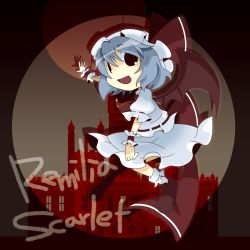 Rule 34 | 1girl, blue hair, female focus, hat, looking at viewer, misaki (1n1m), open mouth, remilia scarlet, short hair, smile, solo, touhou, wings