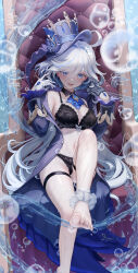 Rule 34 | 1girl, :d, absurdres, ahoge, air bubble, ankle scrunchie, ascot, asymmetrical gloves, bare shoulders, barefoot, black bra, black gloves, black panties, blue eyes, blue hair, blue hat, blue jacket, bra, breasts, bubble, furina (genshin impact), genshin impact, gloves, hair between eyes, hat, heterochromia, highres, jacket, light blue hair, long hair, long sleeves, looking at viewer, medium breasts, mismatched gloves, multicolored hair, navel, open clothes, open jacket, open mouth, paid reward available, panties, scrunchie, sitting, smile, solo, thigh strap, toes, top hat, ttkaki, underwear, very long hair, white gloves, white hair, white scrunchie