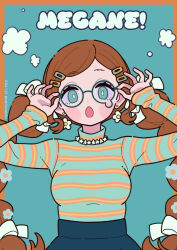 Rule 34 | 1girl, blue-framed eyewear, blue background, blue eyes, blue flower, blue skirt, border, bow, braid, breasts, brown border, commentary, flower, hair bow, hair ornament, hairclip, hands up, highres, long hair, long sleeves, medium breasts, neki (wakiko), original, outside border, romaji text, shirt, skirt, sleeves past wrists, solo, striped clothes, striped shirt, swept bangs, teardrop-framed glasses, twin braids, twintails, very long hair, white bow