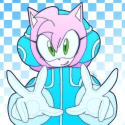 1girl alternate_costume amy_rose animal_ears animal_nose artist_request furry furry_female gesture_request green_eyes hedgehog_girl highres long_eyelashes non-web_source pink_fur short_hair signature solo sonic_(series) source_request