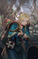 Rule 34 | 1girl, backpack, bag, blonde hair, blue capelet, blue dress, book, braid, bright pupils, capelet, choker, dress, dungeon meshi, elf, furrowed brow, green eyes, hair around ear, hair over shoulder, hair ribbon, highres, holding, holding staff, infukun, long hair, long sleeves, looking to the side, low twintails, mage staff, marcille donato, outdoors, parted lips, pointy ears, red choker, red ribbon, ribbon, satchel, signature, solo, sprout, staff, stone wall, tree, twintails, very long hair, wall, white pupils, wide sleeves, worried