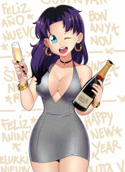 Rule 34 | 1girl, absurdres, alcohol, black hair, blue eyes, bottle, bracelet, breasts, choker, cleavage, collarbone, cup, dress, drink, drinking glass, earrings, grey dress, happy new year, heart, heart choker, highres, holding, jewelry, large breasts, long hair, looking at viewer, multicolored hair, new year, open mouth, piercing, purple hair, sidney (zeshgolden), sleeveless, sleeveless dress, smile, standing, teeth, tongue piercing, two-tone hair, white background, wide hips, wine, wine bottle, wine glass, wink, zeshgolden