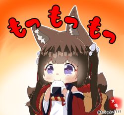 Rule 34 | 1girl, amagi-chan (azur lane), animal ear fluff, animal ears, azur lane, bare shoulders, blunt bangs, blush, brown hair, brown tail, chibi, commentary request, eating, eyeshadow, food, fox ears, fox tail, gradient background, hair intakes, hair ribbon, holding, holding food, japanese clothes, kimono, long hair, makeup, multiple tails, off shoulder, onigiri, purple eyes, red eyeshadow, red kimono, revision, ribbon, rope, shimenawa, sidelocks, simple background, solo, tail, taisa (kari), thick eyebrows, twintails, upper body