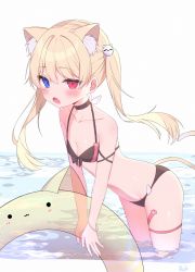 Rule 34 | 1girl, :o, animal ear fluff, animal ears, bare arms, bare shoulders, bikini, black bikini, black choker, blonde hair, blue eyes, blush, breasts, cat ears, cat girl, cat hair ornament, cat tail, choker, cleavage, collarbone, groin, hair between eyes, hair ornament, heterochromia, innertube, leaning forward, open mouth, original, red eyes, roin, small breasts, solo, standing, swim ring, swimsuit, tail, transparent, twintails, virtual youtuber, wading, water, white background