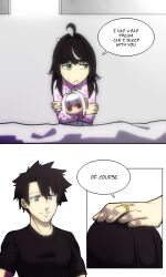 Rule 34 | 1boy, 1girl, ahoge, black hair, black shirt, blanket, blue eyes, buttons, character doll, closed mouth, fate/grand order, fate (series), father and daughter, flower, fujimaru ritsuka (male), hair intakes, highres, if they mated, jewelry, lazyartlazy12, merlin (fate/prototype), multicolored hair, open door, open mouth, ring, shirt, speech bubble, wedding ring
