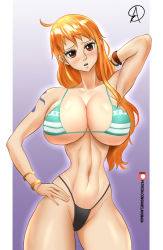 Rule 34 | 1girl, ass, bikini, bracelet, breasts, brown eyes, cleavage, hand on own hip, highleg, highleg bikini, highres, jewelry, large breasts, long hair, nami (one piece), nude, one piece, orange hair, solo, standing, swimsuit, tattoo