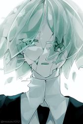 Rule 34 | 1other, androgynous, aqua hair, broken, cracked skin, crystal hair, dissolving, eyes visible through hair, gem uniform (houseki no kuni), hair over eyes, highres, houseki no kuni, looking at viewer, melting, one-eyed, other focus, parted lips, phosphophyllite, portrait, shards, short hair, simple background, solo, umino mozuku, white background