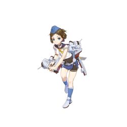 Rule 34 | 1girl, black shorts, blue eyes, blue footwear, blue hat, boots, breasts, brown hair, cannon, full body, garrison cap, hat, heiyz, looking at viewer, machinery, magazine (weapon), medal, official art, parted lips, running, sailor collar, samuel b roberts (warship girls r), sash, shirt, short hair, short sleeves, shorts, small breasts, smokestack, solo, torpedo, transparent background, turret, warship girls r, white shirt