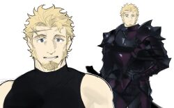 Rule 34 | 1boy, armor, bara, black armor, blonde hair, cross scar, facial hair, goatee, goburin second, highres, knight, looking at viewer, male focus, mature male, multiple views, muscular, muscular male, mutton chops, original, scar, scar on face, scar on forehead, short hair, thick eyebrows, upper body