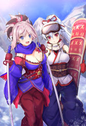 Rule 34 | 2girls, absurdres, armor, blue eyes, blue kimono, bow, breasts, cleavage, commentary request, detached sleeves, dual wielding, earrings, fate/grand order, fate (series), hachimaki, hair between eyes, hair ornament, headband, highres, holding, holding sword, holding weapon, japanese armor, japanese clothes, jewelry, katana, kimono, large breasts, long hair, looking at viewer, magatama, miyamoto musashi (fate), miyamoto musashi (third ascension) (fate), multiple girls, obi, pink hair, ponytail, red bow, red eyes, samoore, sash, sheath, short kimono, silver hair, sleeveless, sleeveless kimono, sword, tomoe gozen (fate), unsheathed, very long hair, weapon, white kimono, wide sleeves