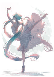 Rule 34 | 1girl, absurdres, aqua eyes, aqua hair, arm up, armpits, artist name, bare legs, bow, bracelet, breasts, chromatic aberration, closed mouth, commentary, dancing, dress, erospanda, expressionless, frilled dress, frills, full body, hair ornament, halter dress, halterneck, hatsune miku, high heel sandals, high heels, highres, jewelry, leg up, long hair, outstretched arm, sandals, sleeveless, sleeveless dress, small breasts, solo, standing, standing on one leg, twintails, very long hair, vocaloid, white background, white bow, white dress, white footwear