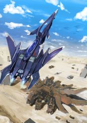 Rule 34 | absurdres, aircraft, airplane, armored core, armored core: for answer, cloud, crossover, desert, ffr-41mr, fighter jet, flying, highres, jet, mecha, military, military vehicle, nagaoka kihei, no humans, robot, science fiction, sentou yousei yukikaze, sky, solo focus, spirit of mother will, vehicle focus