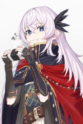 Rule 34 | 1girl, belt, blue eyes, bright pupils, cloak, eating, fate/grand order, fate (series), feather hair ornament, feathers, fingerless gloves, food, food on face, gloves, grey hair, hair ornament, highres, kamo ashi, long hair, onigiri, rice, rice on face, saika magoichi (fate), white pupils