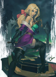 Rule 34 | 1girl, artist name, ass, black footwear, black gloves, blonde hair, boots, bow, breasts, castlevania (series), castlevania legends, chuck pires, coffin, covered erect nipples, eyes visible through hair, gloves, hair bow, high heel boots, high heels, konami, looking at viewer, looking back, night, off shoulder, parted lips, solo, sonia belmont, thigh boots, thighhighs, tombstone, whip, zettai ryouiki