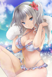 Rule 34 | 1girl, akatsuki hijiri, bare shoulders, beach, bikini, bikini skirt, blue bikini, blue eyes, blue sky, blush, breasts, cloud, commentary request, day, floral print, flower, frilled bikini, frills, hair between eyes, hair flower, hair ornament, head tilt, holding, holding towel, kantai collection, kashima (kancolle), knee up, large breasts, long hair, looking at viewer, navel, ocean, outdoors, sand, sidelocks, signature, silver hair, sitting, skindentation, sky, smile, solo, sparkle, stomach, sunlight, swimsuit, thighs, towel, twintails, wavy hair, wet