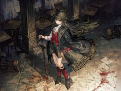 Rule 34 | 1girl, absurdres, arm at side, ascot, black footwear, black hair, black hat, black jacket, black shorts, blood, blood stain, boots, closed mouth, floating hair, formal, full body, hand on hilt, hat, highres, holding, holding sword, holding weapon, indoors, jacket, jacket on shoulders, kneehighs, long hair, long sleeves, looking at viewer, open clothes, open jacket, original, pillar, red eyes, red socks, red vest, shorts, sidelocks, smile, socks, solo, suit jacket, sword, table, tile floor, tiles, top hat, very long hair, vest, weapon, white ascot, wooden chair, wooden table, yanyan (shinken gomi)