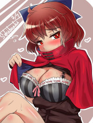Rule 34 | 1girl, absurdres, blush, bow, bra, breasts, capelet, character name, dated, embarrassed, hair bow, heart, highres, large breasts, crossed legs, red eyes, red hair, sanagi (diohazard), sekibanki, short hair, solo, touhou, underwear
