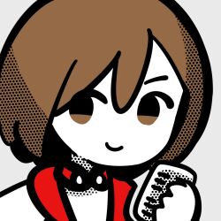Rule 34 | 1girl, ben-day dots, brown eyes, brown hair, choker, closed mouth, commentary request, hand up, holding, holding microphone, inemuri (jdq5e), limited palette, looking at viewer, meiko (vocaloid), microphone, portrait, red choker, red vest, screentones, short hair, simple background, smile, solo, v-shaped eyebrows, vest, vocaloid, white background